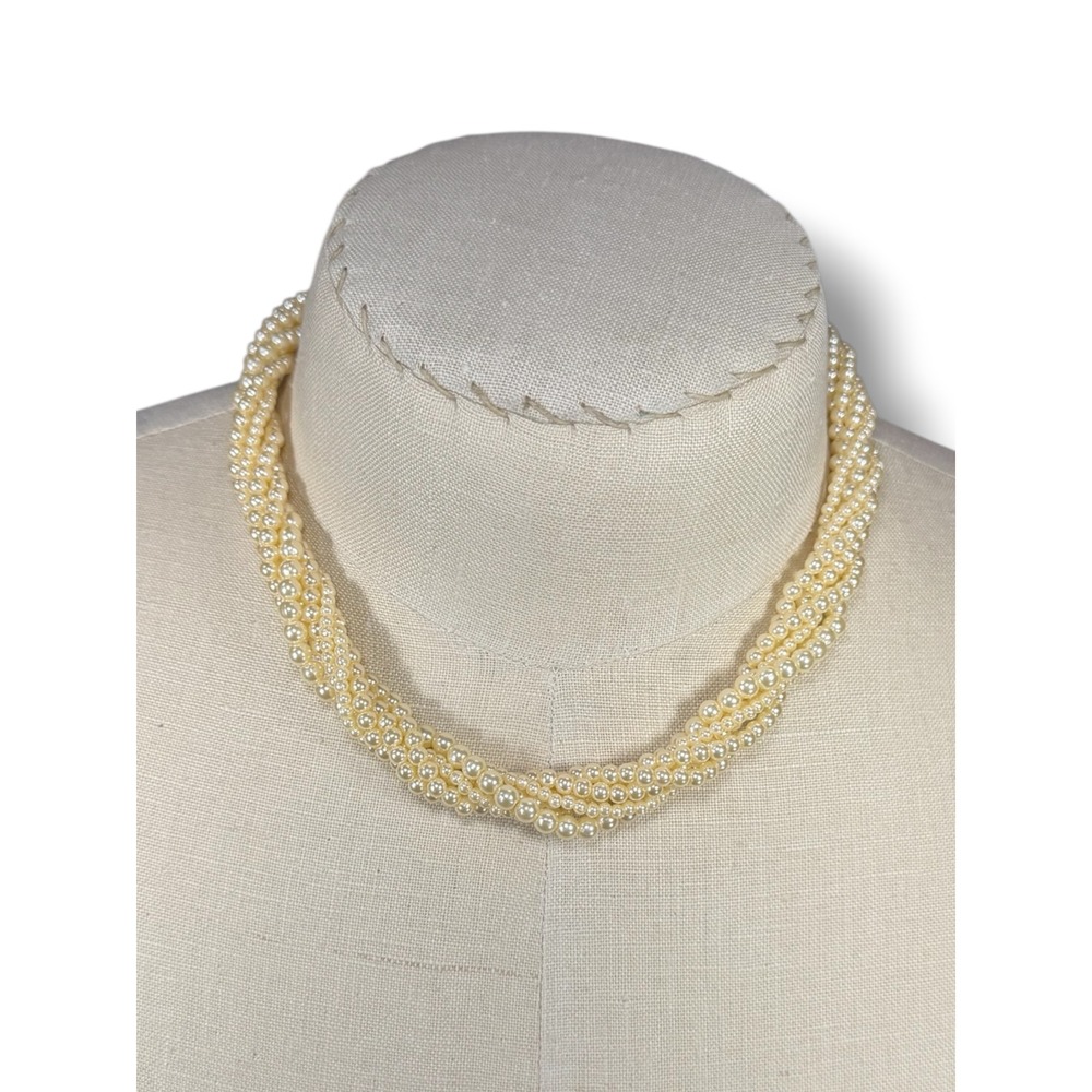 Vintage Multi Strand Faux‎ Pearl Torsade Necklace Cream Twisted Seed Bead 17.5in